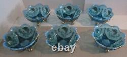 6 NORTHWOOD Blue Opalescent Slag Inverted Fan & Feather Berry Bowls