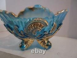 6 NORTHWOOD Blue Opalescent Slag Inverted Fan & Feather Berry Bowls