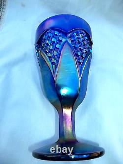 6 Pc Imperial Glass Water Goblets Tulip & Cane Carnival Glass Iridescent Blue