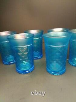 6 Vintage Iridescent Blue Carnival Glass Concave Diamonds 4-3/4