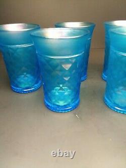 6 Vintage Iridescent Blue Carnival Glass Concave Diamonds 4-3/4
