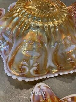 7 Dugan Glass Peach Opal Carnival Rays Jeweled Heart Master Berry Bowl Set AS-IS