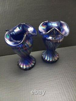 8.5 fenton iridescent Carnival Glass Blue And Amethyst Swirled Vases