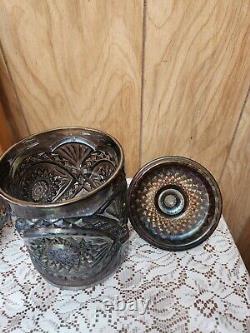 8 Imperial'Scroll & Flower Panels' Smoke Carnival Glass Jar & Lid Iridescent