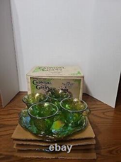 8 Pc Snack Set Indiana Lime Green Carnival Glass Grape Harvest Boxed Iridescent