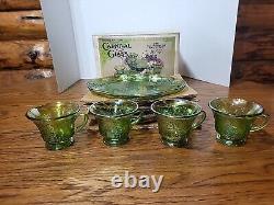8 Pc Snack Set Indiana Lime Green Carnival Glass Grape Harvest Boxed Iridescent