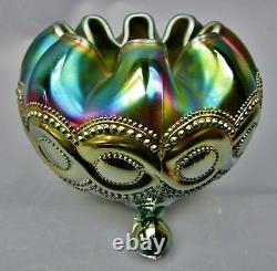 8202 Northwood BEADED CABLE Luscious Green Carnival Glass Footed Rosebowl