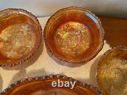 9 Pc Fenton Butterfly and Berry Marigold Carnival Glass 3-Toed Berry Serving Set