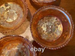 9 Pc Fenton Butterfly and Berry Marigold Carnival Glass 3-Toed Berry Serving Set