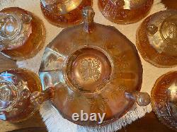 9 Pc Fenton Butterfly and Berry Marigold Carnival Glass 3-Toed Berry Serving Set