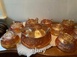 9 Pc Fenton Butterfly and Berry Marigold Carnival Glass 3-Toed Berry Serving Set