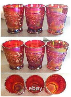 9 Vintage St. Clair Red Carnival Glass Grape & Cable Thumbprint Tumblers 4 USA