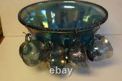 A Lovely Vintage Indiana Glass Iridescent Blue Punch Bowl With 4 Cups & Hangers