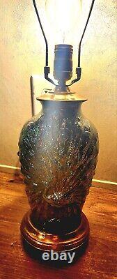 ANTIQUE AMETHYST PURPLE CARNIVAL GLASS PEACOCK LAMP no chip or cracks IRIDESCENT