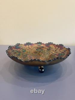 ANTIQUE FENTON Dark Iridescent Stag & Holly 3 Toed Carnival Glass Bowl 10.5W