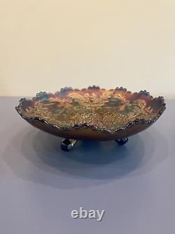 ANTIQUE FENTON Dark Iridescent Stag & Holly 3 Toed Carnival Glass Bowl 10.5W