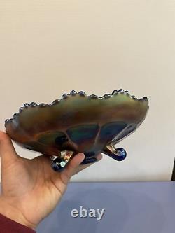 ANTIQUE FENTON Dark Iridescent Stag & Holly 3 Toed Carnival Glass Bowl 10.5W