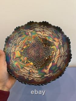 ANTIQUE FENTON Dark Iridescent Stag & Holly 3 Toed Carnival Glass Bowl 10.5W