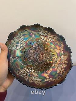 ANTIQUE FENTON Dark Iridescent Stag & Holly 3 Toed Carnival Glass Bowl 10.5W