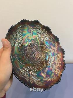 ANTIQUE FENTON Dark Iridescent Stag & Holly 3 Toed Carnival Glass Bowl 10.5W