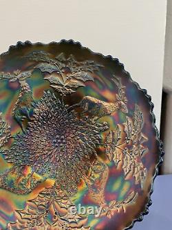 ANTIQUE FENTON Dark Iridescent Stag & Holly 3 Toed Carnival Glass Bowl 10.5W