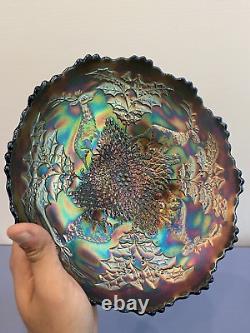 ANTIQUE FENTON Dark Iridescent Stag & Holly 3 Toed Carnival Glass Bowl 10.5W