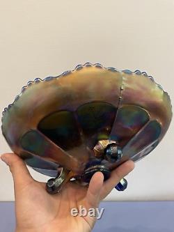 ANTIQUE FENTON Dark Iridescent Stag & Holly 3 Toed Carnival Glass Bowl 10.5W