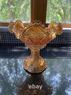 ANTIQUE Imperial Twins Marigold Iridescent Carnival Glass Fruit Bowl WithBase 9.5