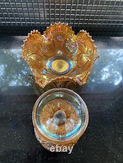 ANTIQUE Imperial Twins Marigold Iridescent Carnival Glass Fruit Bowl WithBase 9.5