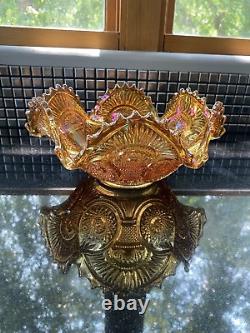 ANTIQUE Imperial Twins Marigold Iridescent Carnival Glass Fruit Bowl WithBase 9.5