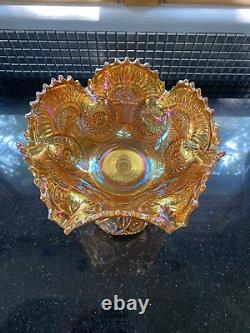 ANTIQUE Imperial Twins Marigold Iridescent Carnival Glass Fruit Bowl WithBase 9.5