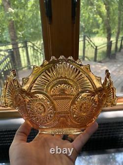 ANTIQUE Imperial Twins Marigold Iridescent Carnival Glass Fruit Bowl WithBase 9.5