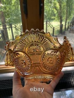 ANTIQUE Imperial Twins Marigold Iridescent Carnival Glass Fruit Bowl WithBase 9.5