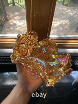 ANTIQUE Imperial Twins Marigold Iridescent Carnival Glass Fruit Bowl WithBase 9.5