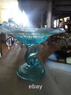 ANTIQUE NORTHWOOD Blue Opalescent Glass Dolphin Fish Compote Candy Dish