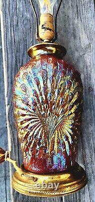 ANTIQUE RED CARNIVAL GLASS PEACOCK LAMP original bakelite plug no chip or cracks