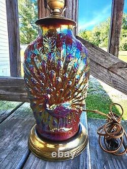 ANTIQUE RED CARNIVAL GLASS PEACOCK LAMP original bakelite plug no chip or cracks