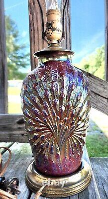 ANTIQUE RED CARNIVAL GLASS PEACOCK LAMP original bakelite plug no chip or cracks