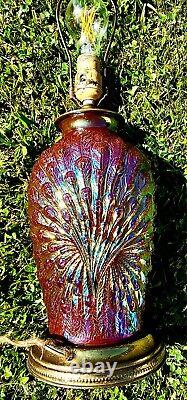 ANTIQUE RED CARNIVAL GLASS PEACOCK LAMP original bakelite plug no chip or cracks