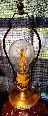 ANTIQUE RED CARNIVAL GLASS PEACOCK LAMP original bakelite plug no chip or cracks