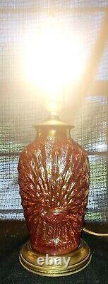 ANTIQUE RED CARNIVAL GLASS PEACOCK LAMP original bakelite plug no chip or cracks