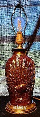 ANTIQUE RED CARNIVAL GLASS PEACOCK LAMP original bakelite plug no chip or cracks