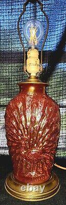 ANTIQUE RED CARNIVAL GLASS PEACOCK LAMP original bakelite plug no chip or cracks