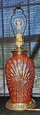 ANTIQUE RED CARNIVAL GLASS PEACOCK LAMP original bakelite plug no chip or cracks