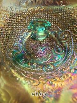 AQUA OPAL Northwood Carnival Glass Fine Cut and Roses Candy Dish w Good Feet WOW