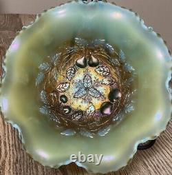 AWESOME Aqua Opalescent Northwood Carnival Glass Three Fruit Medallion Bowl Rare