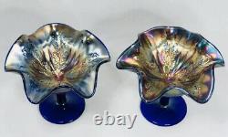 Amazing? Antique Estate Fenton Holly Carnival Glass Blue Ruffled Compote Set