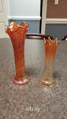 Amber Carnival Glass Vase Rib Swung Tree Trunk Iridescent Art Glass 2pc