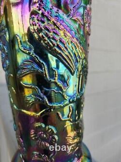 An outstanding Fenton Amethyst Carnival Glass Peacock Garden Vase