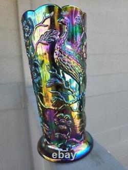 An outstanding Fenton Amethyst Carnival Glass Peacock Garden Vase